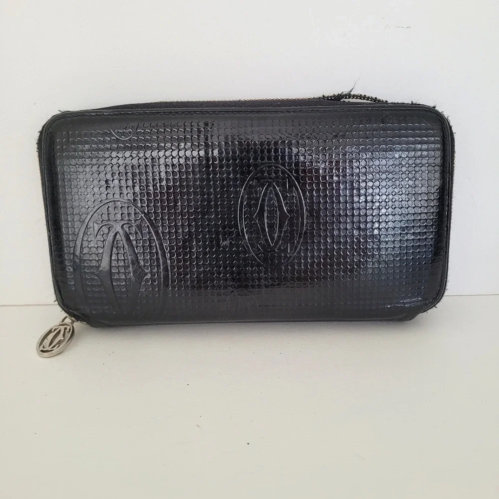 Cartier Paris Black Patent Leather Happy Birthday Zip Around Long Wallet France‎